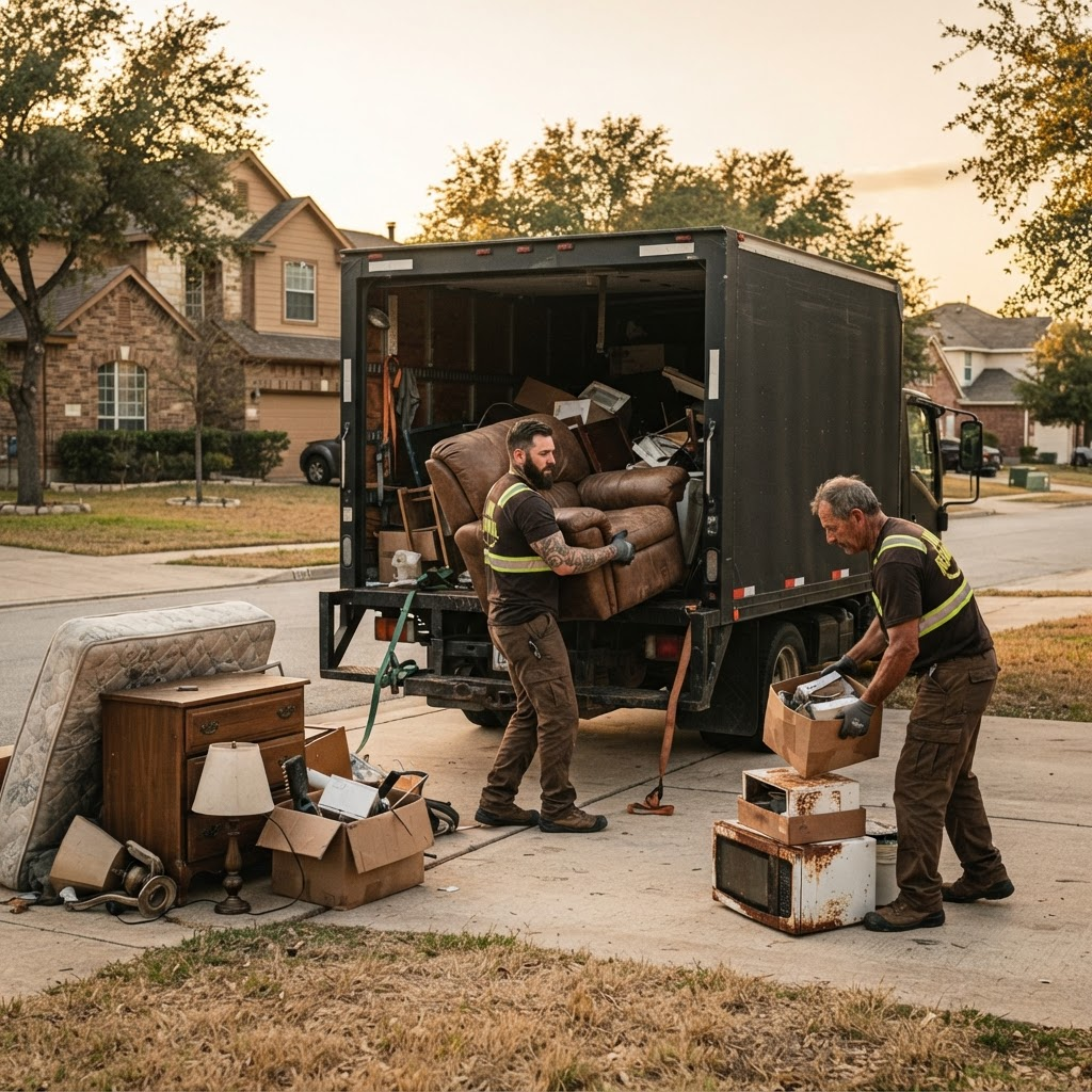 Bin Busters Co crew loading old furniture and appliances into a black junk removal truck