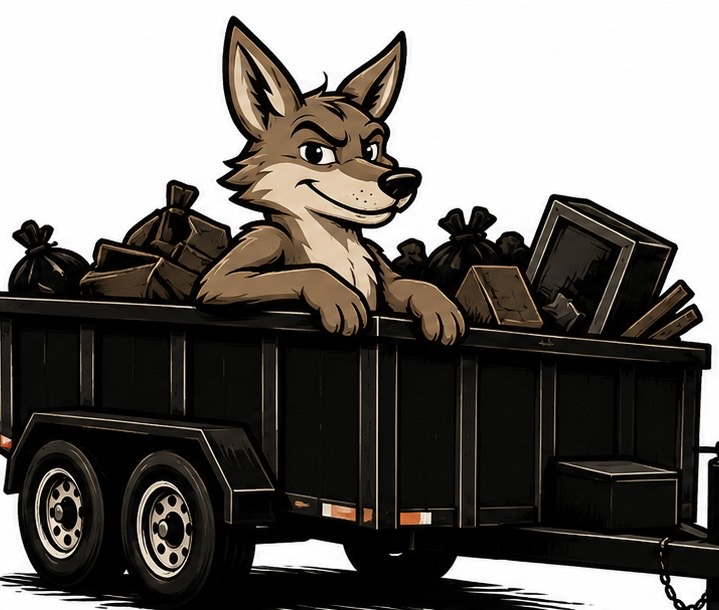 Bin Busters Co coyote mascot in a loaded dump trailer